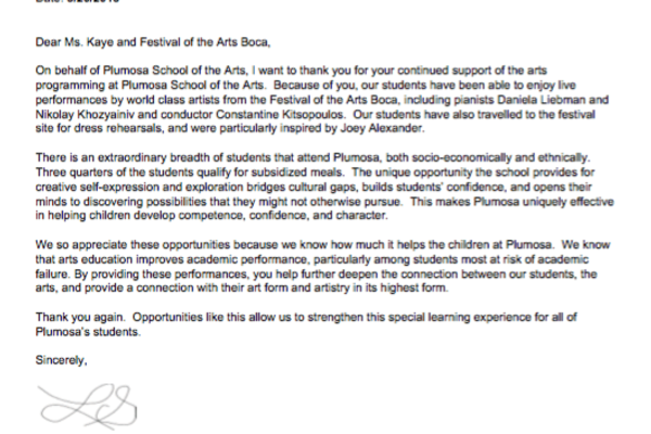 Thank You Letter from PLUMOSA School of the Arts